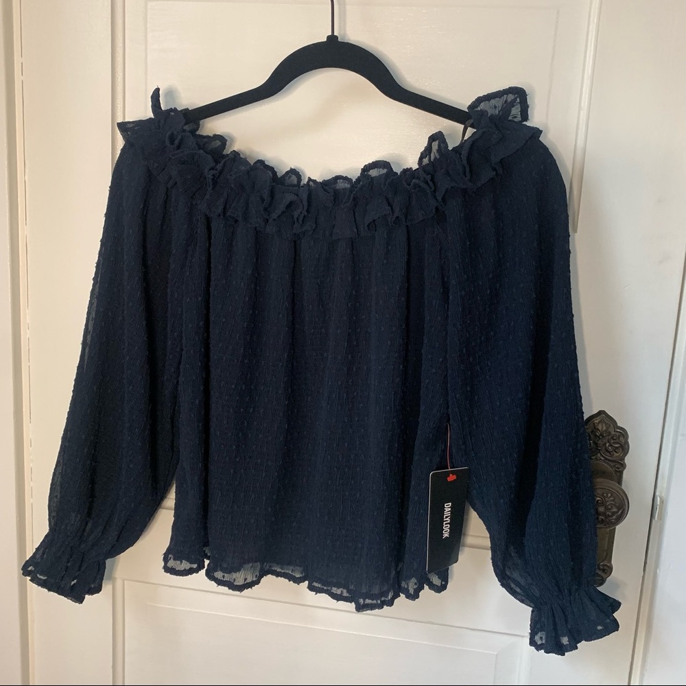 J.O.A. Off the Shoulder Flowy Navy Blouse - Size XS NWT